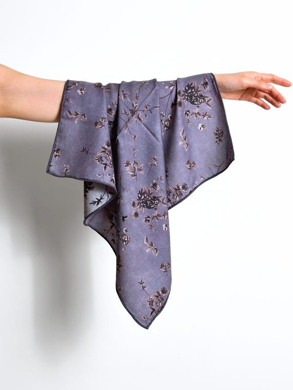 Oriental Silk Wool Scarf Square Bandana 65cm, Purple Grey Wool Silk Shawl Elegant Ink Floral Neck Scarf Designer Silk Scarf Gifts for Women