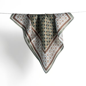 100% Mulberry Silk Scarf, Sage Green Brown Geometric Pattern, 21" 53cm Small Square Satin Bandana, Vintage Tile Print Neckerchief for Mom
