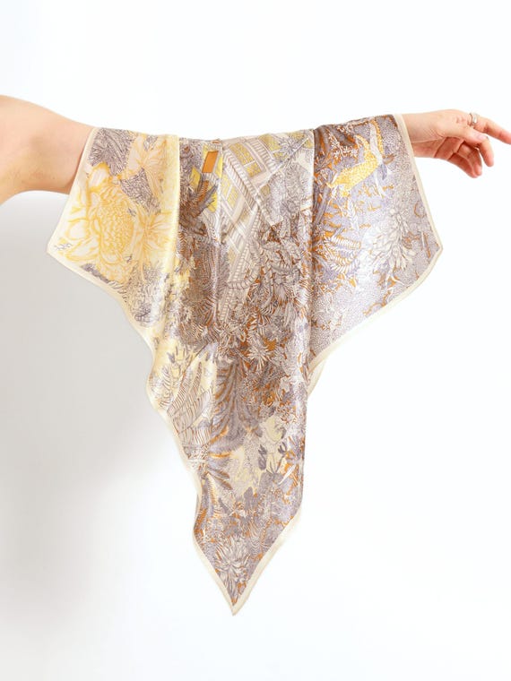 Gold Pattern Mulberry Silk Neck Scarf FairyCity Luxury Silk Scarf, Gold and White Floral Pattern  main image 4