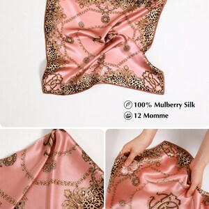 100% Real Mulberry Silk Scarf, Pink Leopard Print Square Pocket Scarf, Pure Silk Bandana 53x53cm 21inch, Lightweight Small Neckerchief image 4