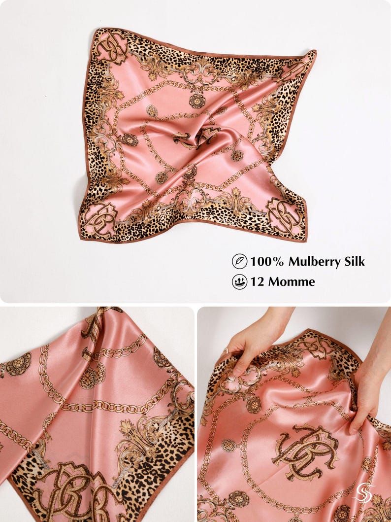 100% Real Mulberry Silk Scarf, Pink Leopard Print Square Pocket Scarf, Pure Silk Bandana 53x53cm 21inch, Lightweight Small Neckerchief image 4