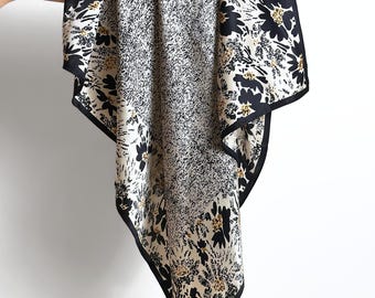 100% Mulberry Silk Scarf with Swallows and Camellia, 90cm*90cm Large Square Silk Scarf, Black and White French Style Silk Wrap for Her