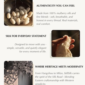 May include: An advertisement for StillSilk featuring images of silk cocoons, silk threads, and a silk textile. Text highlights authenticity, everyday statements, and the blend of heritage and modernity.