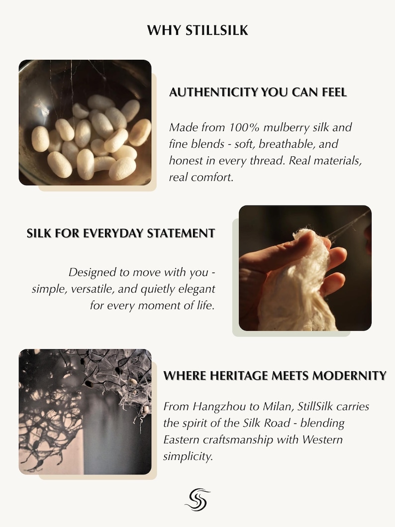 May include: An advertisement for StillSilk featuring images of silk cocoons, silk threads, and a silk textile. Text highlights authenticity, everyday statements, and the blend of heritage and modernity.