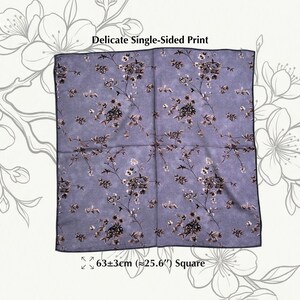 May include: A square, lavender-colored scarf with a delicate floral pattern. The scarf measures approximately 25.6 inches square and features a single-sided print. The text "Delicate Single-Sided Print" is visible.