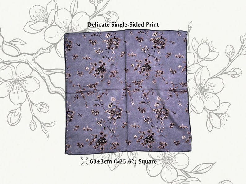May include: A square, lavender-colored scarf with a delicate floral pattern. The scarf measures approximately 25.6 inches square and features a single-sided print. The text "Delicate Single-Sided Print" is visible.