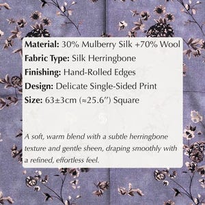 May include: A square, lavender-colored silk and wool fabric with a delicate floral pattern. The fabric is 63 cm (25.6 inches) square, with hand-rolled edges and a subtle herringbone texture.