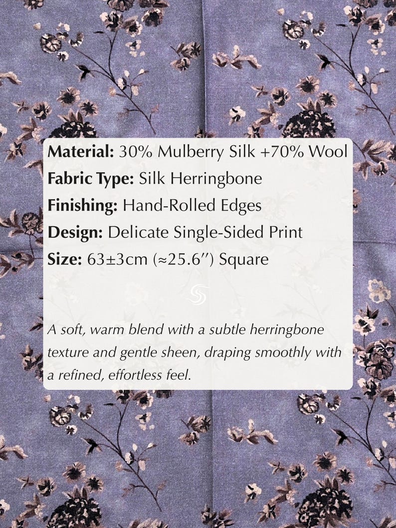 May include: A square, lavender-colored silk and wool fabric with a delicate floral pattern. The fabric is 63 cm (25.6 inches) square, with hand-rolled edges and a subtle herringbone texture.