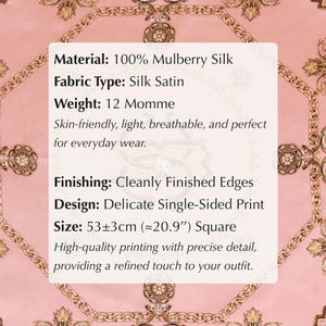 May include: A square silk satin scarf with a pink background, gold chain and floral accents, and a leopard print border. The scarf is 53cm (20.9 inches) square and made of 100% mulberry silk.