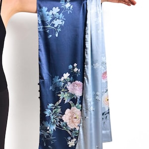 Double Layer Mulberry Silk Scarf with Buttons, Navy Blue Floral Heavy Satin Capelet Shawl, Luxury Large Wrap and Poncho for Women Grandma