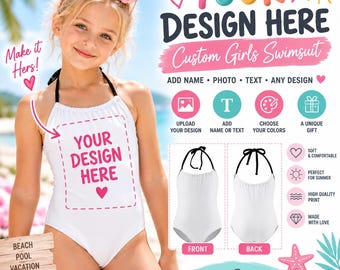 Custom Girls Swimsuit, Personalized Kids One Piece Swimsuit, Upload Your Design Bathing Suit, Custom Name Girls Swimwear, Kids Beach Outfit