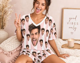 Custom Face Pajamas for Women, Boyfriend Face Pajamas, Personalized Pajama Set, Funny Couple Pajamas, Custom Photo PJs, Gift for Girlfriend