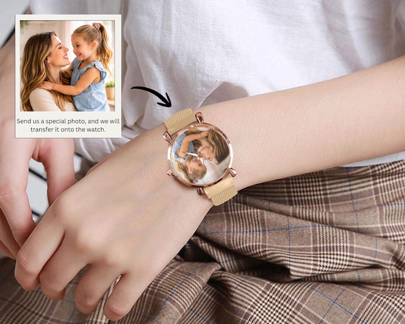 May include: A rose gold watch with a circular face displaying a photo of a woman and child. The watch has a mesh band. The text in the image says, "Send us a special photo, and we will transfer it onto the watch."