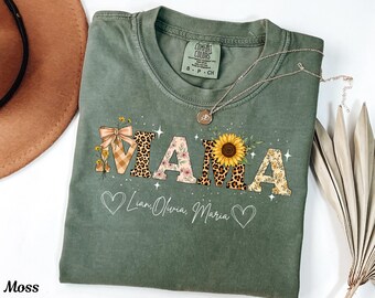 Personalized Mama Comfort Colors Coquette Mom Gift Mothers Day Gift Comfort Colors Floral Mama Shirt Custom Kids Names Shirt Mom Life Shirt