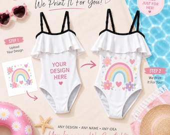 Custom Girls Swimsuit, Personalized Kids Bathing Suit, Upload Your Design Swimwear, Custom Name Girls Swimsuit, Personalized Beach Outfit