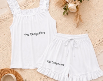 Custom Pajama Set for Women, Personalized Ruffle Pajamas, Your Design Here Sleepwear, Custom Cami & Shorts Set, Cute Summer Pajamas