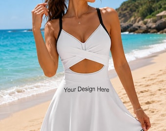Custom V-Neck One-Piece Swimsuit, Personalized Cutout Swim Dress, Custom Photo Swimwear, Women’s Beach Swimsuit