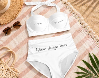 Custom High Waisted Bikini, Personalized Bikini Set, Retro Halter Swimsuit, Custom Name Bikini, Vacation Bikini, Beach Swimwear