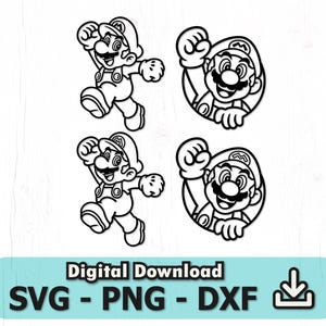 Puede incluir: Cuatro gráficos de Mario en blanco y negro. Dos muestran a Mario corriendo, y dos muestran a Mario en un círculo con el brazo levantado. La imagen incluye el texto "Digital Download" y "SVG - PNG - DXF".