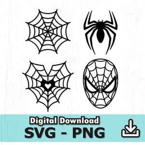 May include: Black and white digital download featuring four spider-themed designs. Includes a spider, a spiderweb, a spiderweb with a heart, and a Spider-Man mask. The text "Digital Download SVG - PNG" is also present.