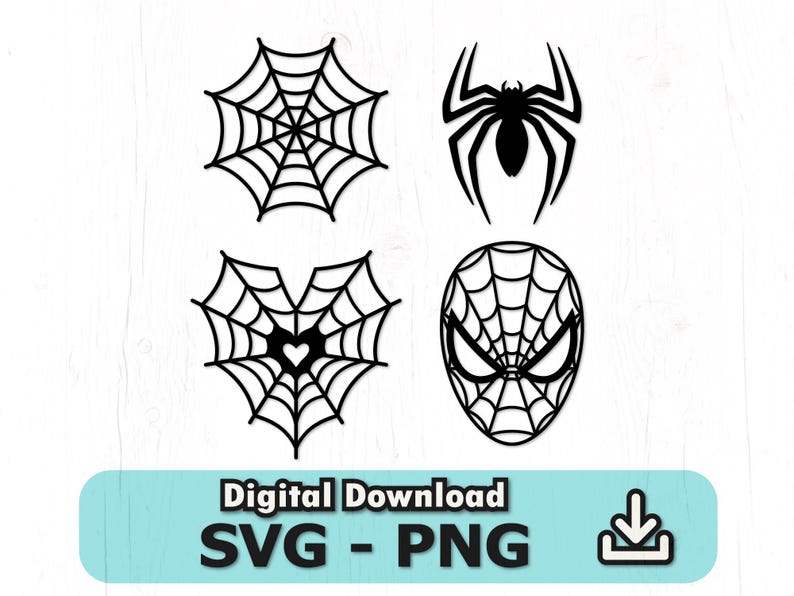 May include: Black and white digital download featuring four spider-themed designs. Includes a spider, a spiderweb, a spiderweb with a heart, and a Spider-Man mask. The text "Digital Download SVG - PNG" is also present.