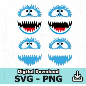 May include: Four blue monster face designs featuring shaggy fur, large white eyes with black pupils, and wide mouths with sharp black teeth and red tongues. The bottom two faces are closed-mouth versions. Text reads Digital Download SVG - PNG.