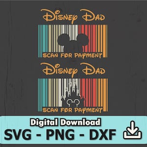 Puede incluir: Dos diseños gráficos con el texto Disney Dad y Scan For Payment en naranja. Cada diseño incluye un código de barras vertical retro en tonos azul verdoso, amarillo y rojo. Un diseño muestra una silueta de Mickey Mouse, el otro un castillo.