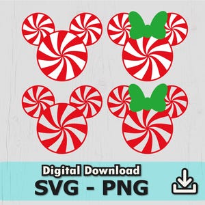 Puede incluir: Cuatro diseños gráficos con patrones de remolinos de menta roja y blanca dispuestos en forma de cabezas de ratón. Dos diseños incluyen un lazo verde sólido entre las orejas. El texto Digital Download SVG - PNG aparece en la parte inferior.