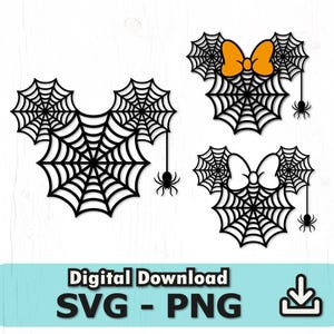 May include: Three digital graphic designs featuring black spider web patterns arranged in the shape of mouse ears. One design includes an orange bow, another a white bow, and all three feature a small black spider hanging from a web strand.