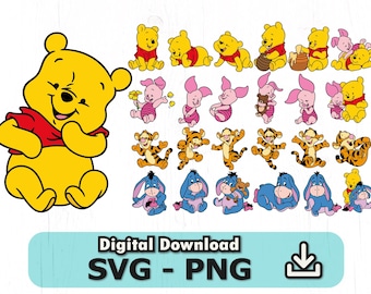Baby Pooh Svg, Baby Piglet Svg, Characters SVG, instant download, Cut files for Cricut, Png, COD018