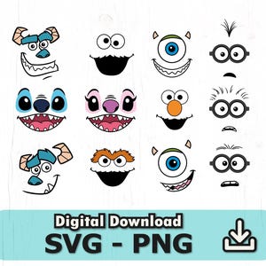 Pode incluir: Um gráfico de download digital com rostos de personagens de desenhos animados. Os rostos incluem personagens com pele azul, rosa e laranja, com várias expressões. O texto "Digital Download SVG - PNG" está na parte inferior.