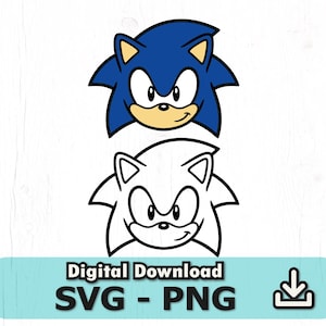 Puede incluir: Un gráfico de descarga digital con dos ilustraciones de la cabeza de Sonic the Hedgehog. La imagen superior es en color, con detalles azules, beige y amarillos. La imagen inferior es un contorno en blanco y negro. El texto dice "Digital Download SVG - PNG".
