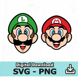 Puede incluir: Dos caras de personajes de dibujos animados, Mario y Luigi, con sombreros rojos y verdes, bigotes y expresiones sonrientes. La imagen incluye el texto "Digital Download SVG - PNG".