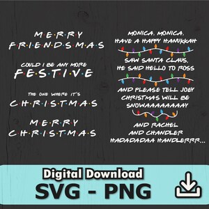 Puede incluir: Un diseño gráfico digital con texto blanco y puntos coloridos entre las letras. Las frases incluyen MERRY FRIENDSMAS, COULD I BE ANY MORE FESTIVE, THE ONE WHERE IT'S CHRISTMAS y letras sobre Monica, Hanukkah, Santa y Ross.