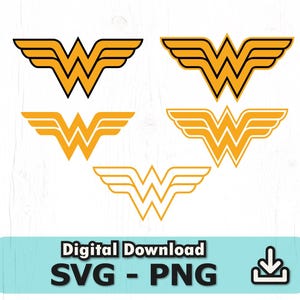 May include: Five yellow and orange graphic icons featuring a stylized letter W with wings. The designs include solid fills with black outlines, solid fills with white outlines, and outlined versions. Text at the bottom reads Digital Download SVG - PNG.