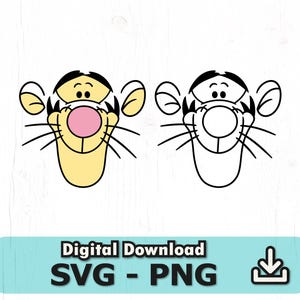 Puede incluir: Dos imágenes de dibujos animados de la cara de Tigger, una en color y otra delineada en negro. La imagen en color presenta una cara amarilla, una nariz rosa y rayas negras. El texto "Digital Download SVG - PNG" está en un rectángulo azul.