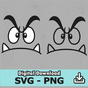 Puede incluir: Dos caras de monstruos de dibujos animados con expresiones de enfado. Cada cara tiene ojos blancos grandes, cejas negras y dos dientes puntiagudos. El texto "Digital Download SVG - PNG" se muestra en un rectángulo azul.