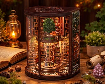 Puzzle in legno 3D, angolo per libri, modello fai da te di diorama di biblioteca magica rotante