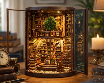 Rotating Library Book Nook | Mechanical 3D Wooden Puzzle, Desk Decor