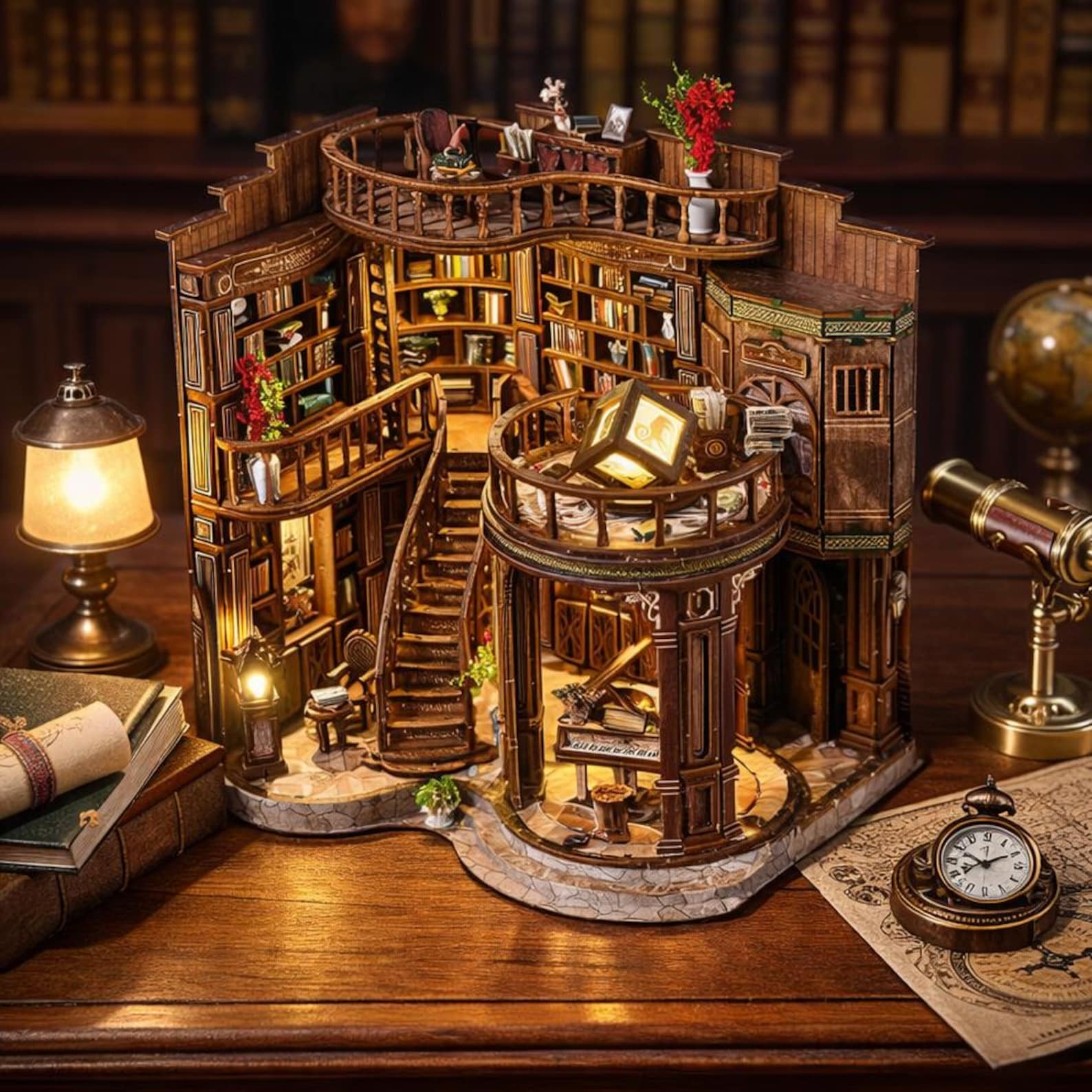 3D Wooden Bookstore Puzzle | Miniature DIY Library Model Kit With LED ...