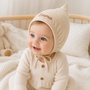 Personalized Baby Bonnet, Embroidered Name Pixie Hat, Ear Warmer Baby Shower Gift