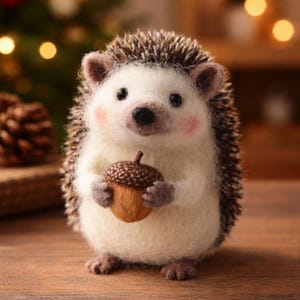 May include: A handcrafted felt hedgehog figurine with a white body, brown quills, and a small acorn. The hedgehog has rosy cheeks and is holding the acorn with its tiny paws. The background is blurred, with hints of a Christmas tree.