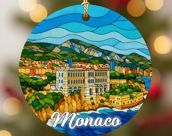 Monaco Christmas Ornament, Stained Glass Style Ceramic Travel Keepsake, European Cityscape Holiday Tree Decoration Gift