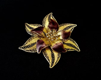 Vintage Sterling Cannetille Plique A Jour Filigree Star Flower Brooch Vermeil Made in Italy