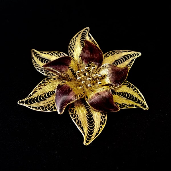 Vintage Sterling Cannetille Plique A Jour Filigree Star Flower Brooch Vermeil Made in Italy