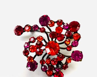 Austria Signed Red Fuchsia Rhinestone Japanned Brooch