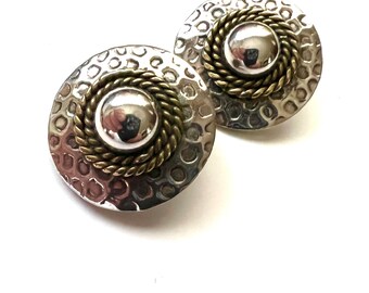 Taxco Hammered Sterling Brass Clip Earrings