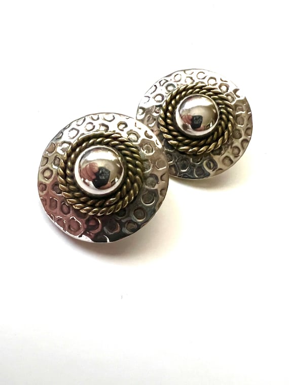 Taxco Hammered Sterling Brass Clip Earrings