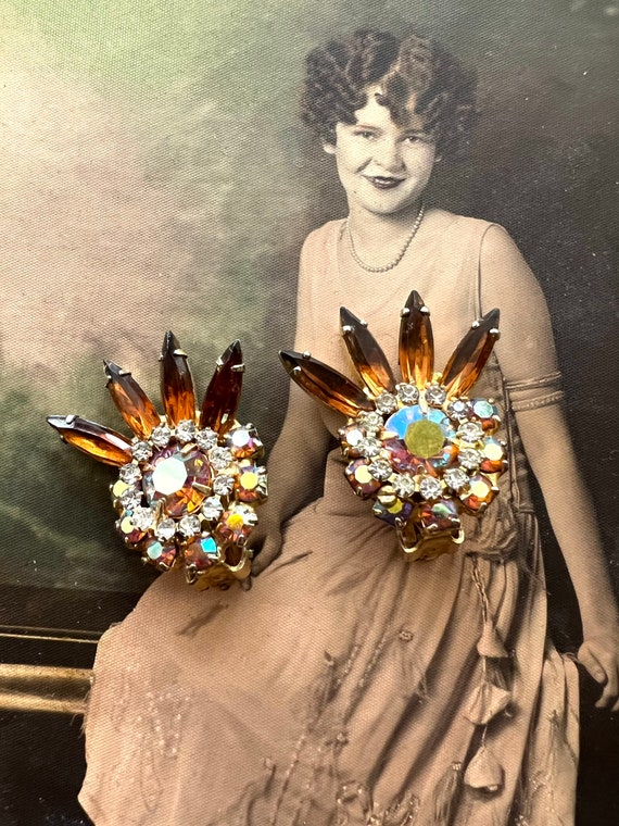 Amber Navette Aurora Borealis Rhinestone Earrings… - image 2