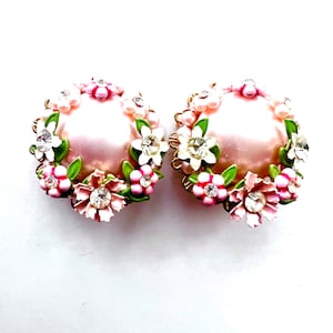 Haskell Style Pink Pearl Enamel Flower Earrings